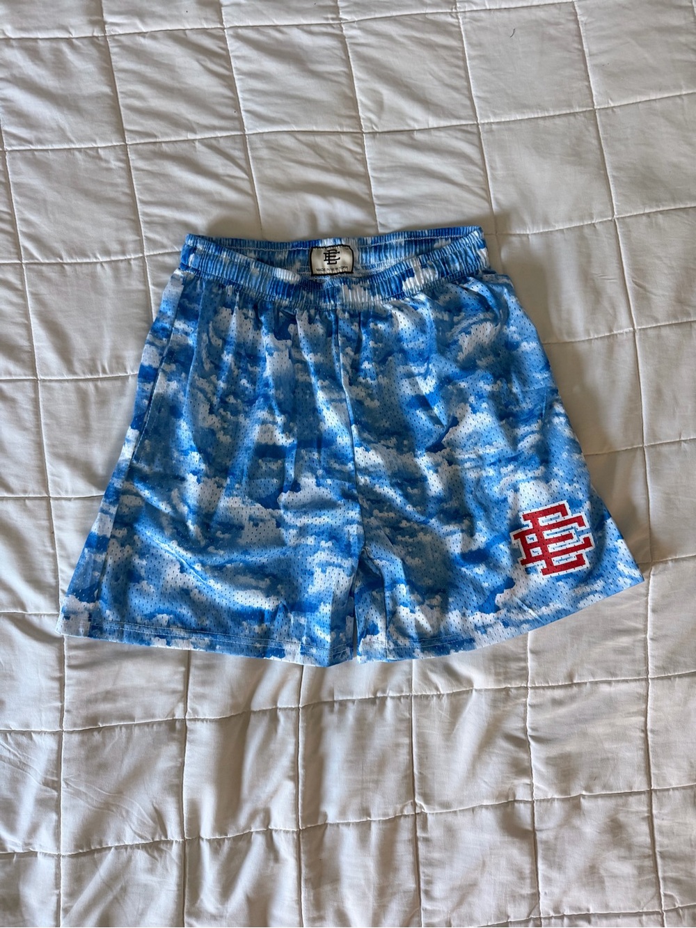 Eric Emanuel Blue White Camo Athletic Shorts with Red Logo